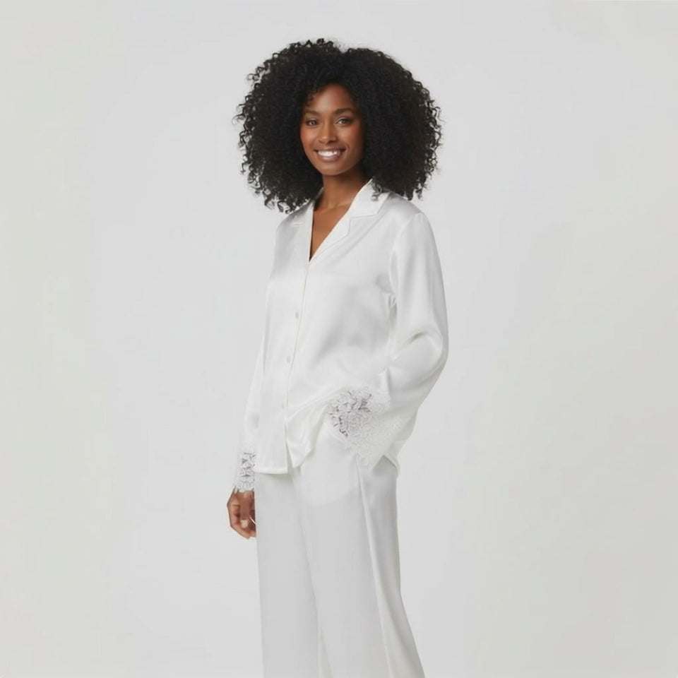 Silk Satin Pajama Set with Lace Cuffs