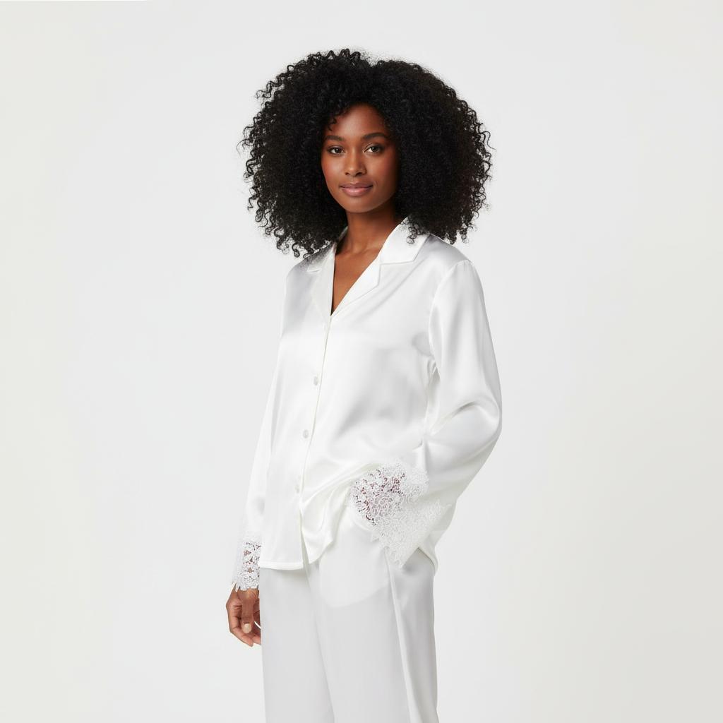 Silk Satin Pajama Set with Lace Cuffs